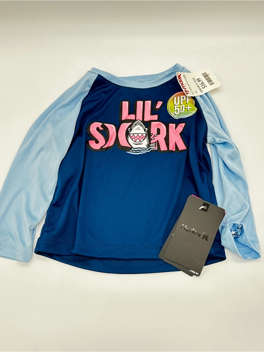 Hurley Lil' Shark UPF 50+ Navy & Light Blue Rashguard Top Size 18M-Top Only NWT
